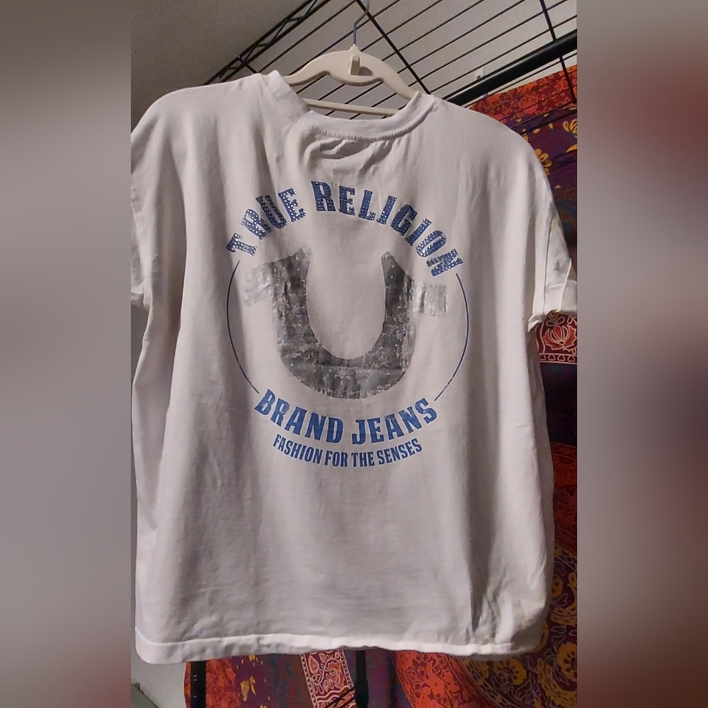 True Religion White Tee with Blue Graphic